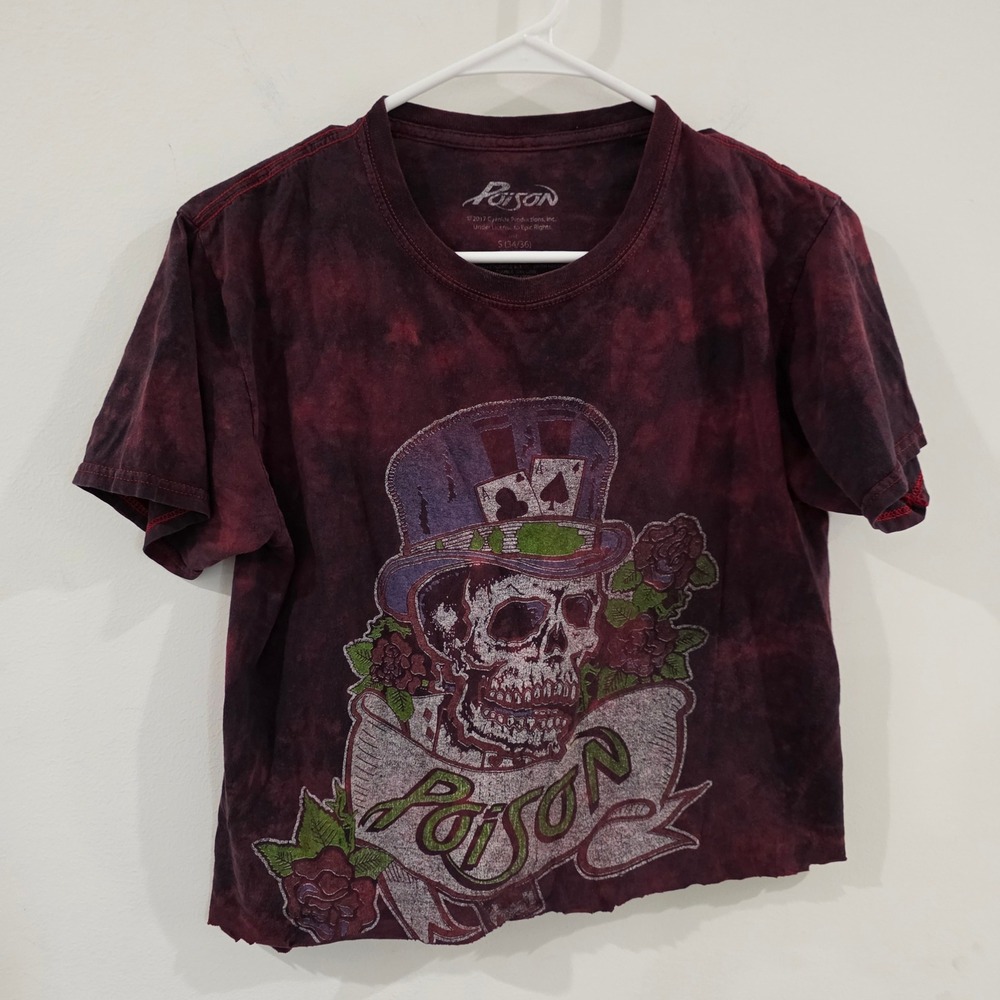 Poison Womens T Shirt Size Small Tie Dye Skull Graphic Rock Band Crop Top